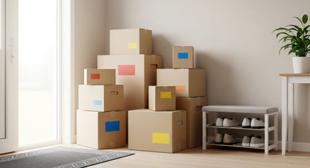 Boxes are plain; labels use color only with no text. Avoid nameplates or personal info.の素材