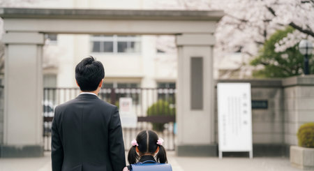 No school name; plain blurred sign. Minor shown from behind for privacy.の素材