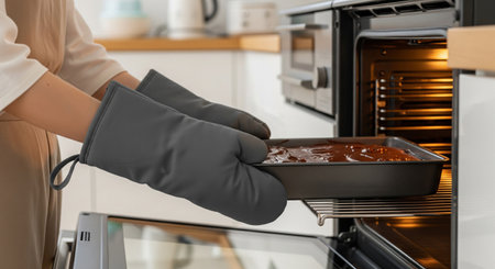 Close-up of hands placing a chocolate mold into an oven; mitts and appliances are logo-free for broad usage.の素材