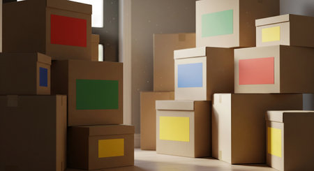 Boxes are plain; labels use color only with no text. Avoid nameplates or personal info.の素材