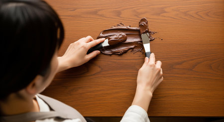 Top-down shot of hands tempering chocolate on a wooden counter; plain tools and apron keep it versatile.の素材