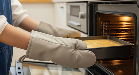 Close-up of hands placing a chocolate mold into an oven; mitts and appliances are logo-free for broad usage.の素材
