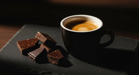 Classic espresso and chocolate pairing; plain cup avoids cafe branding.の素材
