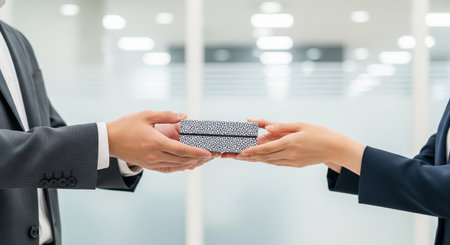 Close-up of gesture cropped to chest level receiving; plain box avoids brand exposure.の素材