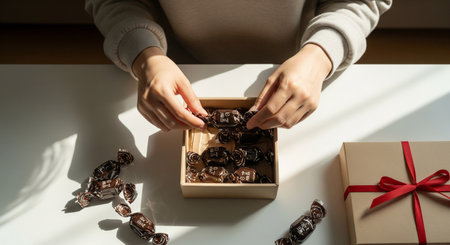 Plain craft boxes and ribbon used to pack chocolates; no text for high reusability.の素材