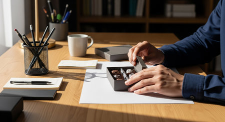Opening a chocolate box on a wood study desk; accessories are plain, no readable text.の素材