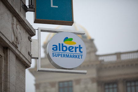 PRAGUE, Czech Republic - DECEMBER 12th 2022: Albert supermarket sign on Wenceslas Squareのeditorial素材