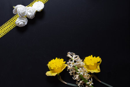 Yellow blossom flowers on black background, copy space wallpaper creative flat lay, frameの写真素材