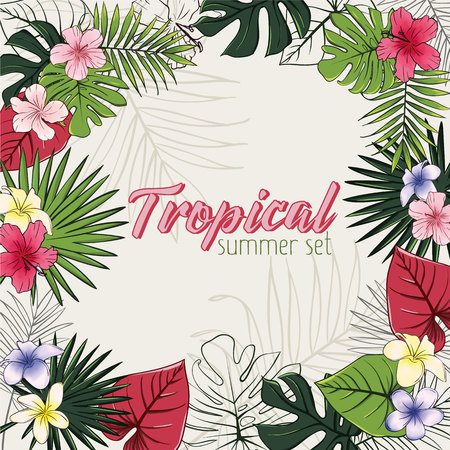 Set of illustrations of tropical flowers and plants.のイラスト素材