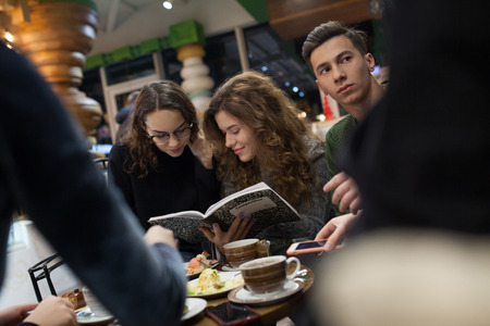 Group of teenagers doing homework in cafe.の写真素材