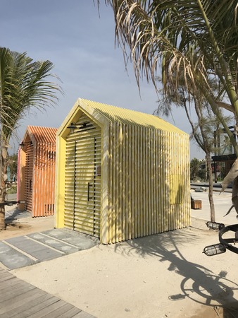 Colored bathing cubicles on the beach.の写真素材