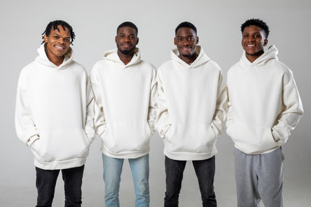 Group of African American guys in brown hoodies posing on a white background wearing sunglassesの写真素材