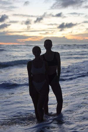 Silhouetted Figures Enjoying a Beautiful Sunset on the Beach with Vibrant Colorsの写真素材
