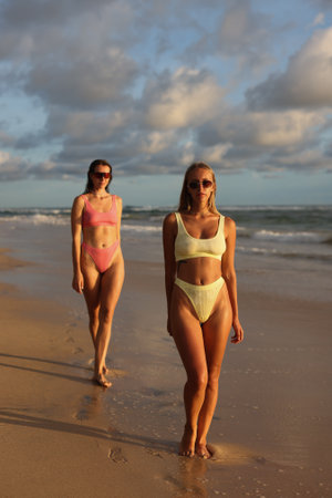 Two 2 Beautiful Girls With Smiles Walking Together Along the Shore at Beautiful Sunset Timeの写真素材