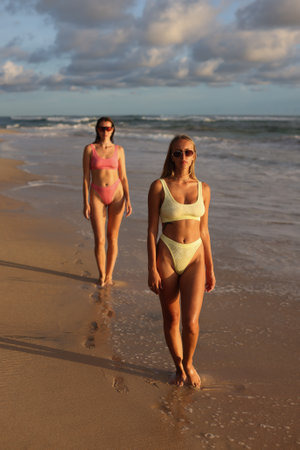 Two Beautiful Girls With Smiles Walking Together Along the Shore at Beautiful Sunset Timeの写真素材
