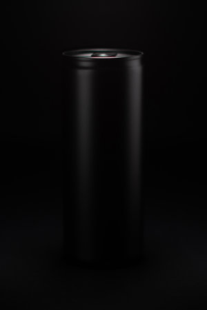 Black Aluminum Can on Dark Backgroundの写真素材