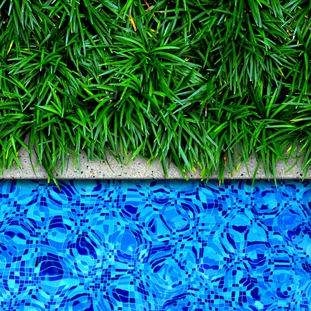 Fresh green grass on pool edge backgroundの写真素材