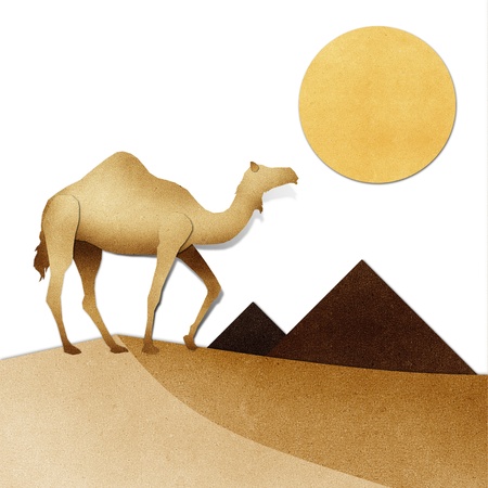Camel and pyramid on desert Recycled Papercraftの写真素材