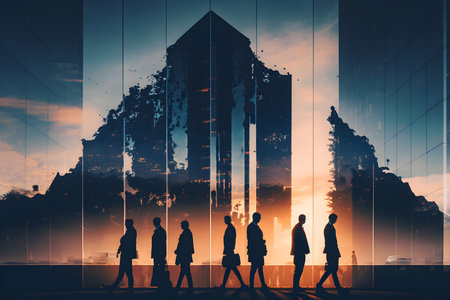 Silhouettes of business people walking in modern city with skyscrapers at sunset. Double exposure