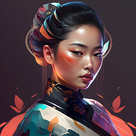 Illustration of a portrait of an Asian girl  created as a generative artwork using AI.の素材