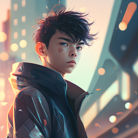Illustration of a portrait of an Asian boy created as a generative artwork using AI.の素材