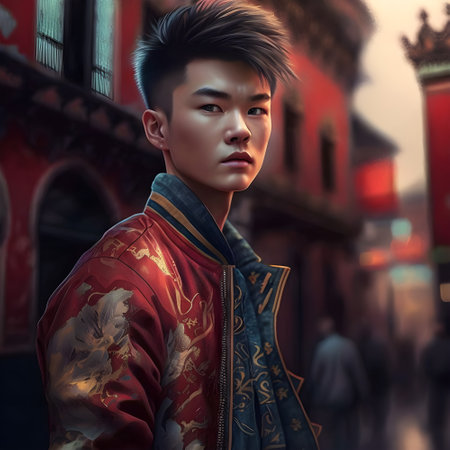 Illustration of a portrait of an Asian boy created as a generative artwork using AI.の素材