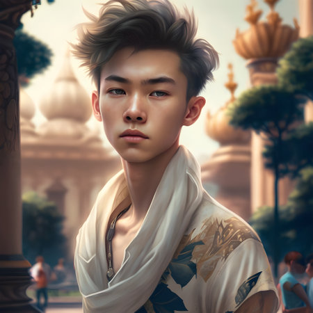 Illustration of a portrait of an Asian boy created as a generative artwork using AI.の素材
