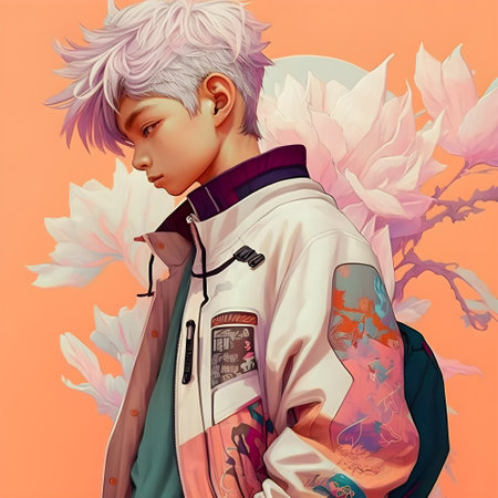 Illustration of a portrait of an Asian boy created as a generative artwork using AI.の素材