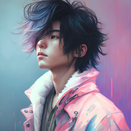 Illustration of a portrait of an Asian boy created as a generative artwork using AI.の素材