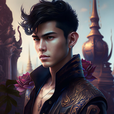 Illustration of a portrait of an Thai boy created as a generative artwork using AI.の素材