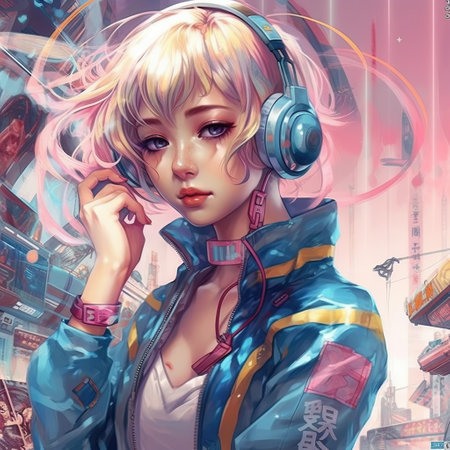 Illustration of a woman and abstract art, created as a generative artwork using AI.の素材