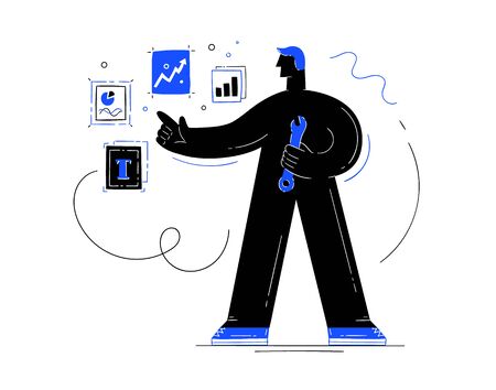 Cartoon man with charts. Business and analysis concept. Technology presentation.のイラスト素材