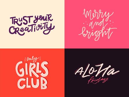 Set of inspirational quotes. Lettering design in different styles. Doodle trendy illustration with motivational phrases.のイラスト素材
