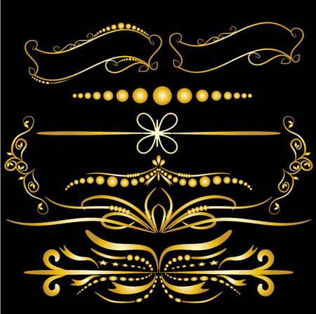 Color Gold  Vintage Decorations Elements. Flourishes Calligraphic Ornaments and Frames. Retro Style Design Collection for Invitations, Banners, Posters, Placards, Badges and Logotypes Black background.のイラスト素材