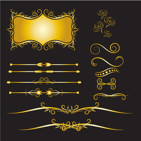 Color Gold  Vintage Decorations Elements. Flourishes Calligraphic Ornaments and Frames. Retro Style Design Collection for Invitations, Banners, Posters, Placards, Badges and Logotypes Black background.のイラスト素材
