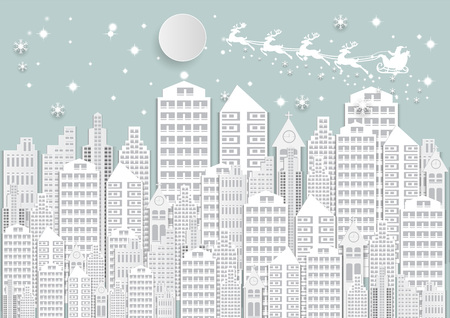 Winter holiday snow in city background with santa. Christmas season paper art style illustrationのイラスト素材