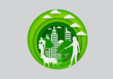 Paper carve to people and town on green, paper art concept and ecology idea, vector art and illustration.のイラスト素材