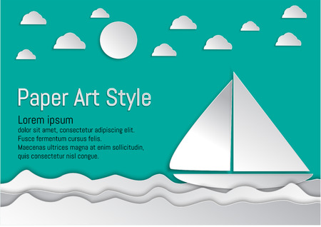 Paper Art Style. Sea and waves with sailboat and clouds. vector illustrationのイラスト素材