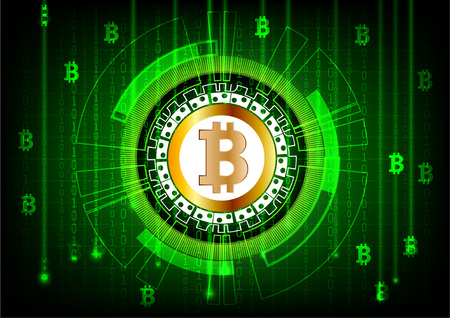 Background in a matrix style with Bitcoin digital currency. Green vector illustration.のイラスト素材
