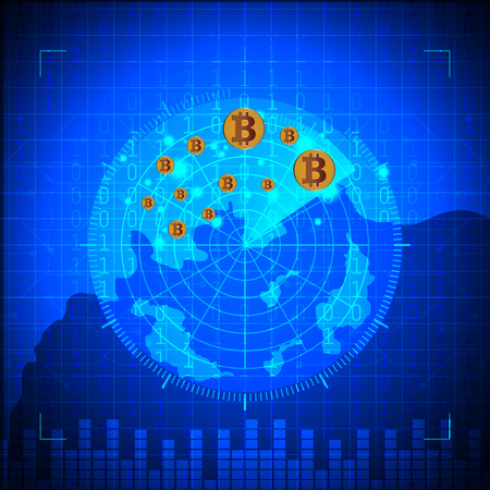 Blue radar, bitcoin digital currency, futuristic digital money concept.のイラスト素材