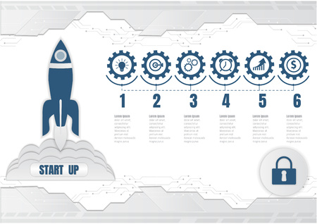 Rocket launch Startup, Digital technology and infographic business concept. Vector illustration.のイラスト素材