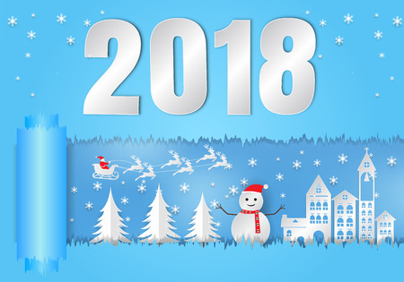 Paper art style, winter holiday with santa claus and snowman background. Christmas season 2018. vector illustrationのイラスト素材