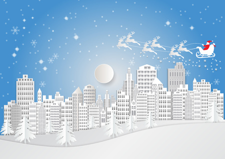 City for Christmas Season with Snowflake and Santa Claus. vector illustration paper art styleのイラスト素材