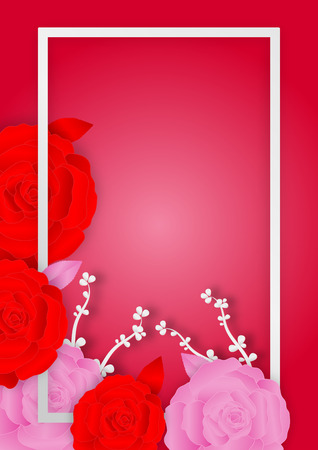 Paper art style of Rose flowers and frame on pink background with copy space, Concept of valentine dayのイラスト素材