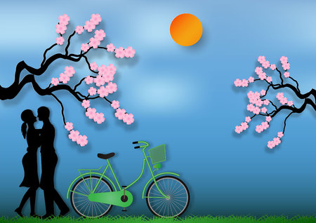 Paper art style of man and woman in love with bicycle and cherry blossom vector illustrationのイラスト素材