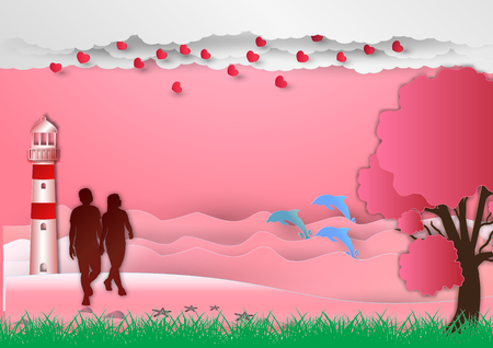 Valentines day vector background with man and woman in love have tree and sea with dolphins. Paper art style.のイラスト素材