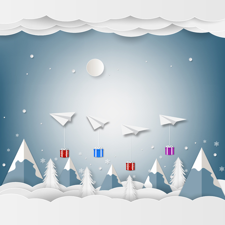 Airplane white floating and Gift Box in the sky with mountain and cloud. Paper and craft artのイラスト素材