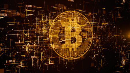 Bitcoin currency sign in digital cyberspace, Business and Technology Concept.の写真素材