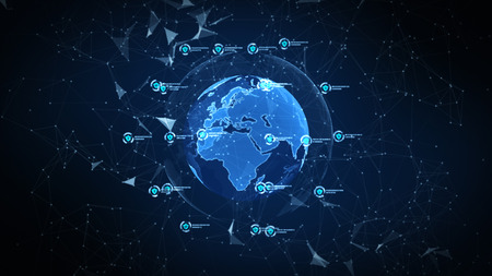 Shield icon on secure global network, Technology network and cyber security concept. Protection for worldwide connections.の写真素材