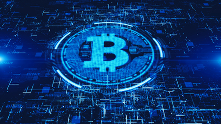 Bitcoin currency sign in digital cyberspace, Business and Technology Concept.の写真素材